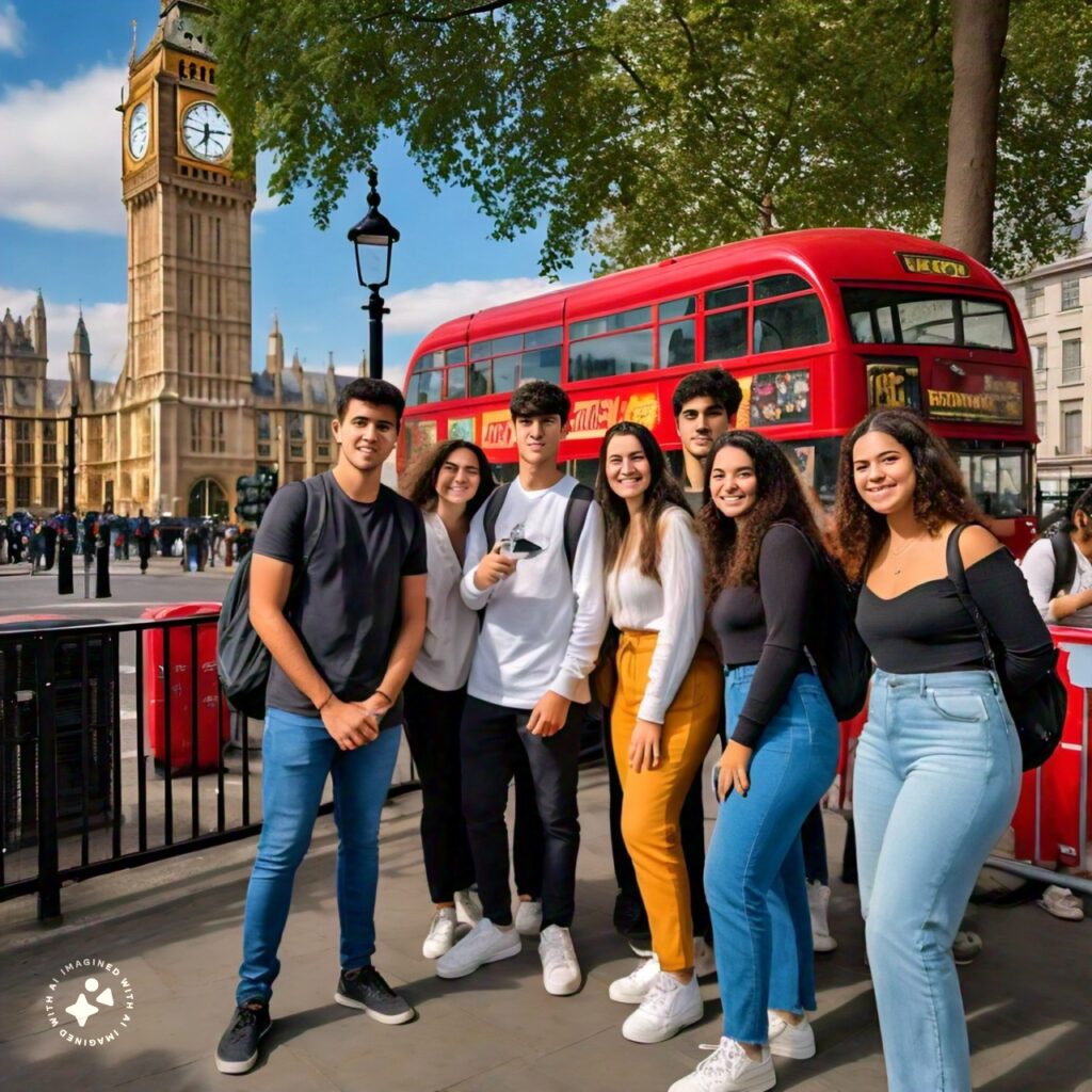 Grupo diversificado de estudantes caminhando pelas ruas movimentadas de Londres, demonstrando o ambiente educacional dinâmico da cidade.